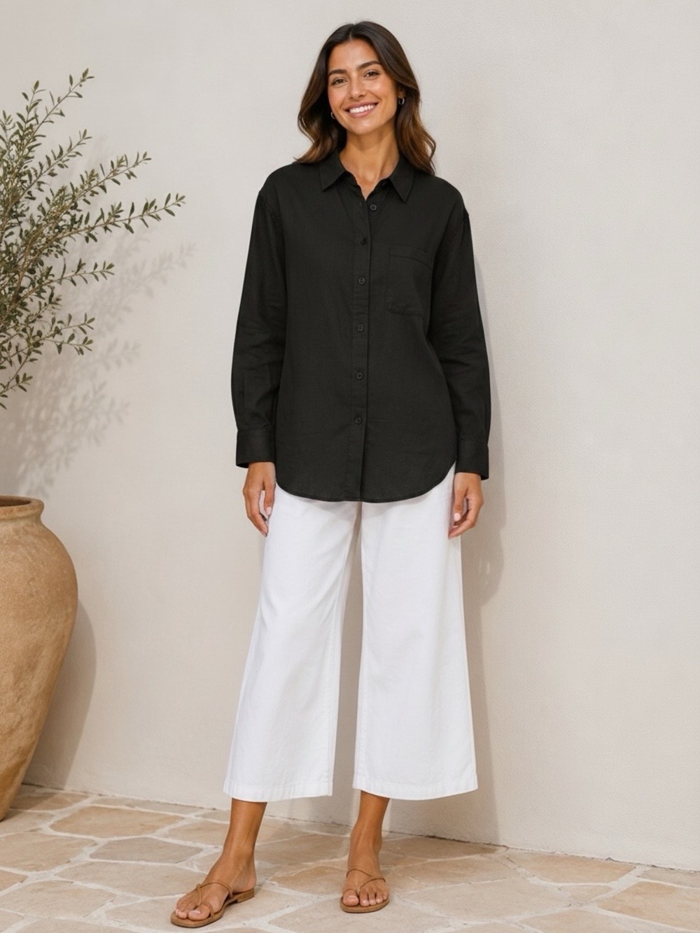 Boutique black cotton linen button down shirt pocket long sleeve oversized SMALL